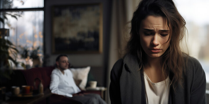 jeune femme triste en train de pleurer dans son appartement, silhouette d'un homme &agrave; l'arri&egrave;re plan flou, ambiance pesante et lourde