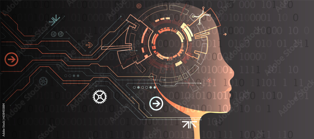 Aufkleber Artificial Intelligence. Technical background with a silhouette of a man. Big data concept. Machine cyber mind.