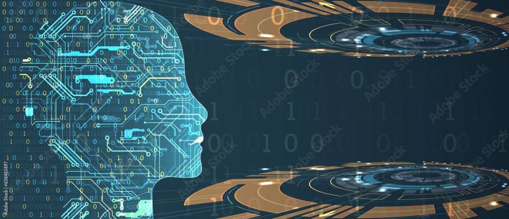 Aufkleber Artificial Intelligence. Technical background with a silhouette of a man. Big data concept. Machine cyber mind.