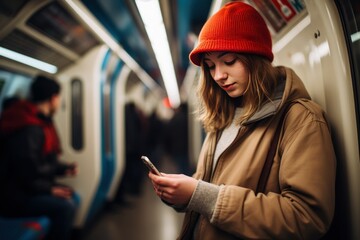Obraz premium Young girl London subway tourist. Generate Ai