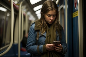 Young girl student London subway. Generate Ai