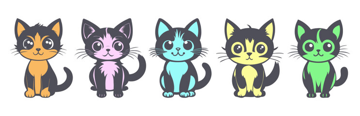 Vector set of colored cute cartoon cats on a white isolated background. Stickers or icons. Domestic kittens.