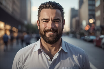  Handsome man with a beard in a shirt in the city