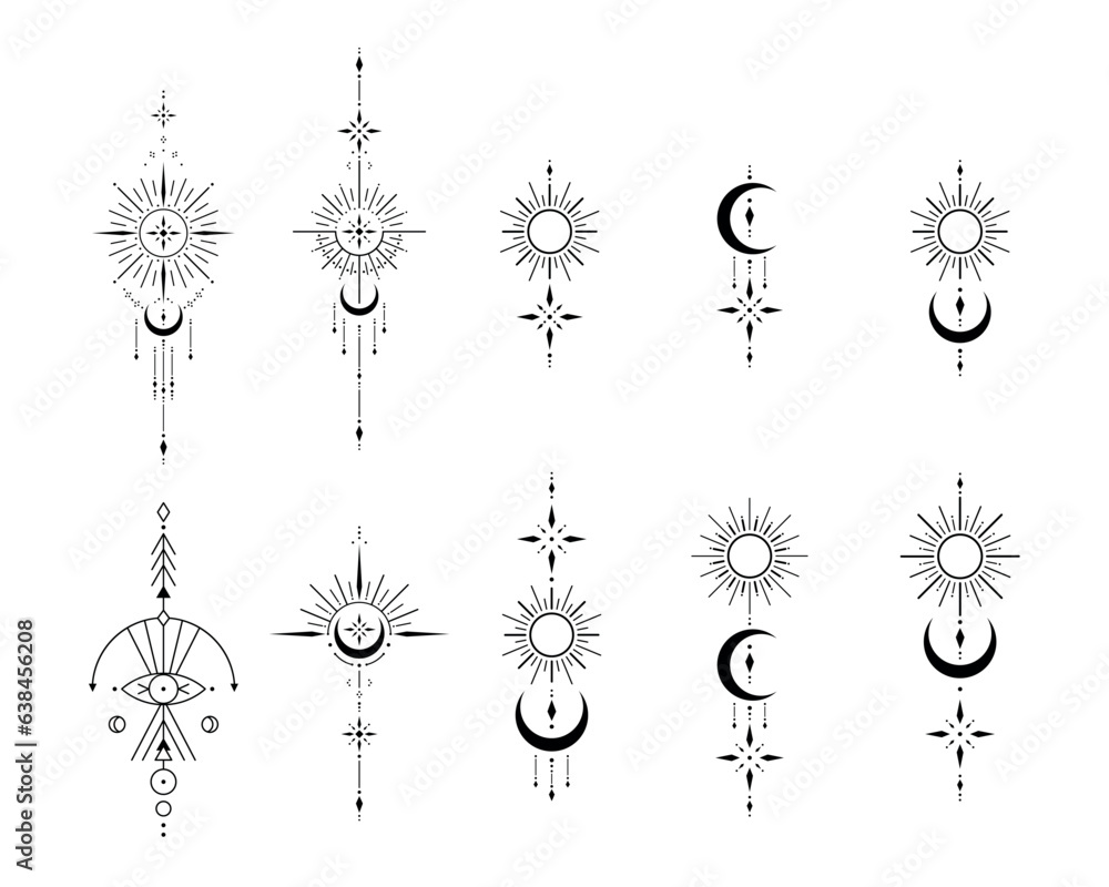 Sticker vector set of sacred geometric symbols on white background. abstract mystic signs collection. black 