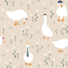 Cute dressed geese seamless pattern. Fashionable goose in a hat, tie, scarf. Funny vector background