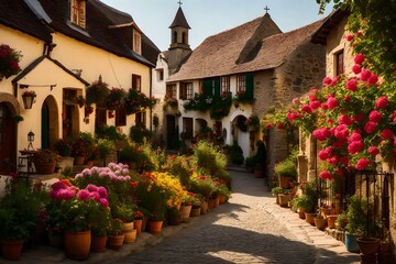 A quaint village nestled in a picturesque countryside, surrounded by rolling hills and fields of blooming flowers. Colorful cottages line the cobblestone streets, exuding charm