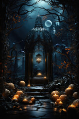 Halloween spooky background, scary pumpkins in old big creepy Happy Haloween ghosts horror house evil haunted castle scene. Creepy dark gothic mysterious night dark backdrop concept. 