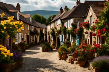 A quaint village nestled in a picturesque countryside, surrounded by rolling hills and fields of blooming flowers. Colorful cottages line the cobblestone streets, exuding charm