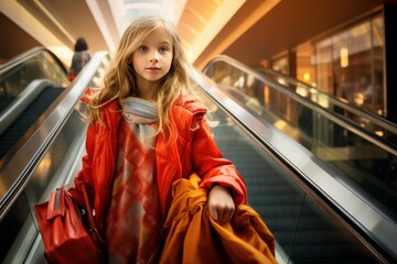 Young girl down escalator tourist. Generate Ai