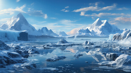 Fototapeta na wymiar A Glacier Majestic Icebergs Floating River Surrounded by Towering Mountains AI Generative