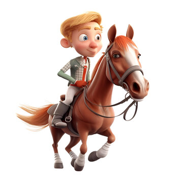 3D digital render of a cute little boy riding a horse isolated on white background