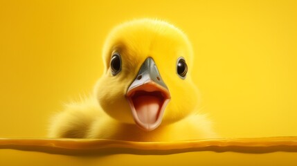 Surprised cute little yellow duck on yellow background