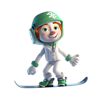 3d illustration of a cartoon character snowboarder on white background