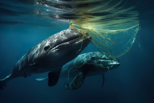 Whales entangled in fishing nets, AI-generated Photo