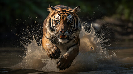  Bengal tiger run across the vast plains, burly bodies, swift movements, Generative AI.