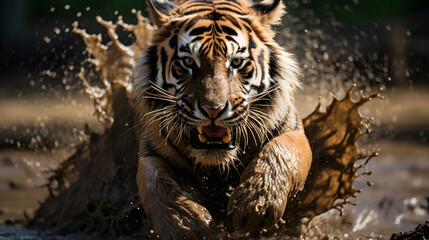  Bengal tiger run across the vast plains, burly bodies, swift movements, Generative AI.