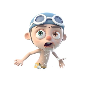 3D rendering of a cartoon boy wearing a swimming cap and goggles