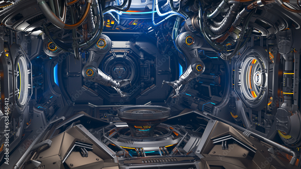 Poster 3d rendering of highly detailed futuristic hall with robotic arms or cybernetic sci-fi space station