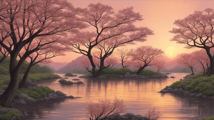 Sunset scene with a river and spring trees with pink leaves in the style of Japanese manga