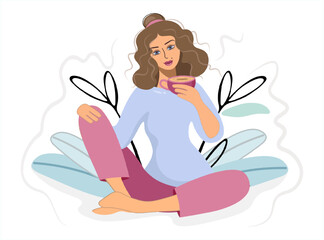 The girl is sitting in nature with a cup of coffee. Woman with Herbal Tea, Cartoon Character of People Enjoying Free Time, Woman Drinking Coffee, Tea, White Background. Vector