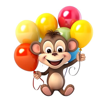 3D Render of Monkey with balloons on white background with clipping path