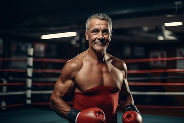 Fototapeta na wymiar Portrait of a mature man in boxing gloves at the gym.