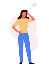Woman thinking with empty thought bubble. Female character design scratching head