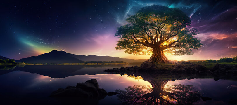 Enchanted natural landscape with mystical lake and glowing magical tree reflecting on water on a dreamlike night with starry sky and aurora in the background.