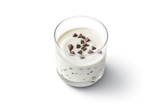 Glass Of Yogurt With Chocolate Chips Isolated On White Background