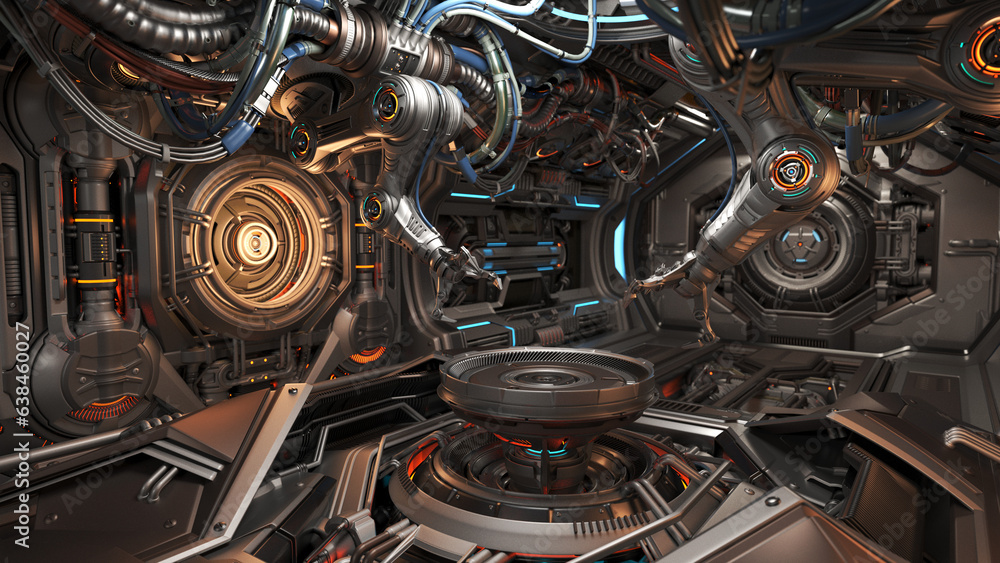 Poster 3d rendering of highly detailed futuristic hall with robotic arms or cybernetic sci-fi space station