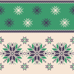 Nordic seamless pattern. Winter geometric ornament with snowflakes in Scandinavian style. Christmas print, Slavic embroidery.