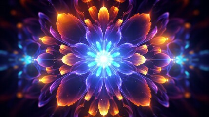 Obraz premium Fractal flowers blooming in a mesmerizing mandala pattern, bold, vivid colors, psychedelic design, glowing on a dark background