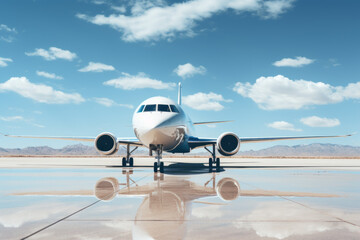 An airplane on the tarmac. Waiting for takeoff. Leaving on vacation. Reflection. Luxury lifestyle. Blue skies, summer.