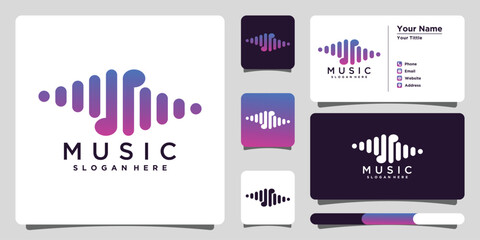 Music logo design with gradient unique and bussines card. Premium Vector