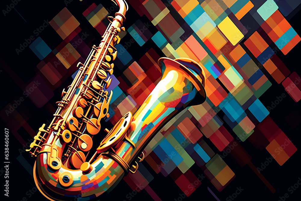Poster a popular image presents an abstract geometric style portrayal of a saxophone, with its sleek and cu