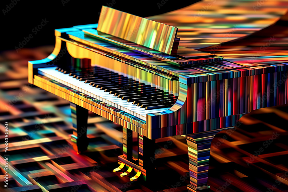 Poster A trending image showcases an abstract geometric representation of a piano, with its keys depicted as a series of intersecting geometric shapes in various vibrant colors, Generative AI technology