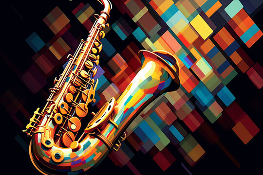 A popular image presents an abstract geometric style portrayal of a saxophone, with its sleek and curvaceous form rendered using intersecting geometric lines and vibrant, Generative AI technology