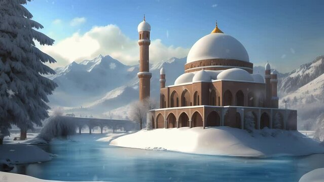 Beautiful mosque in the snow panorama, Seamless Animation Video Background in 4K Resolution