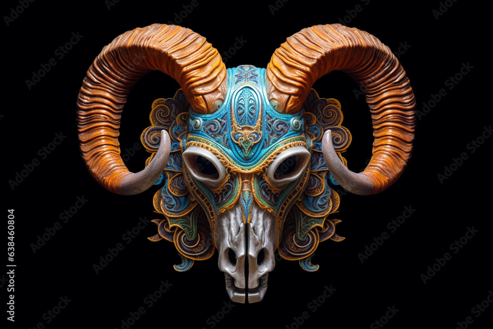 Aufkleber An image presents a beautifully crafted and intricately carved ram skull, adorned with ornate engravings and symbolic motifs. Generative AI technology