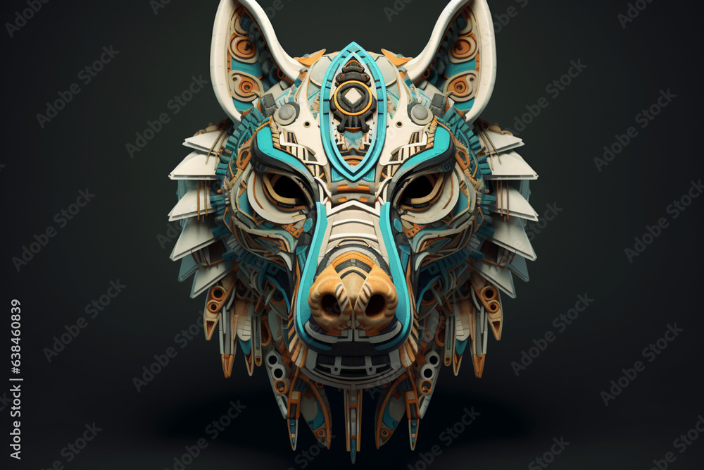 Aufkleber an image depicts a stylized and intricately designed wolf skull, featuring geometric patterns and tr