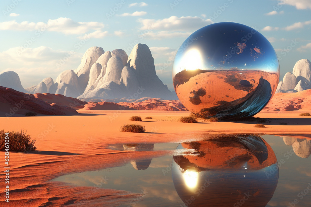 Poster futuristic interpretation of a planet, with angular geometric shapes and metallic hues, capturing the essence of a technologically advanced world. Generative AI technology