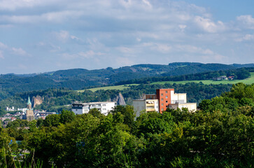 Fototapeta na wymiar German architecture on the background of trees