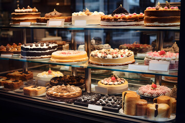 showcase of pastry shop with variety of fresh cakes and pastries. popular sweet desserts offered