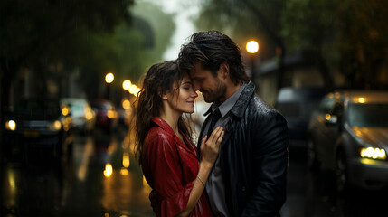雨の中抱き合うカップル