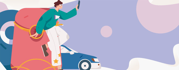 Flat vector concept operation hand-drawn illustration of people taking a taxi
