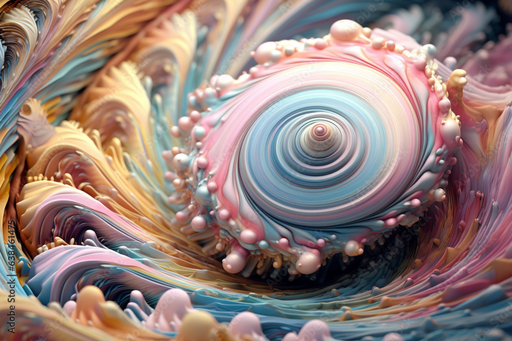 Poster an abstract eris with swirling geometric patterns and soft pastel colors, evoking a sense of tranqui