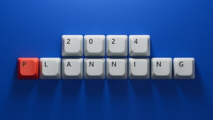 Planning 2024.Computer keyboard keys spelling.Flat lay view from above on blue background with computer keyboard keys buttons.IT technology concept.3D rendering on blue background.
