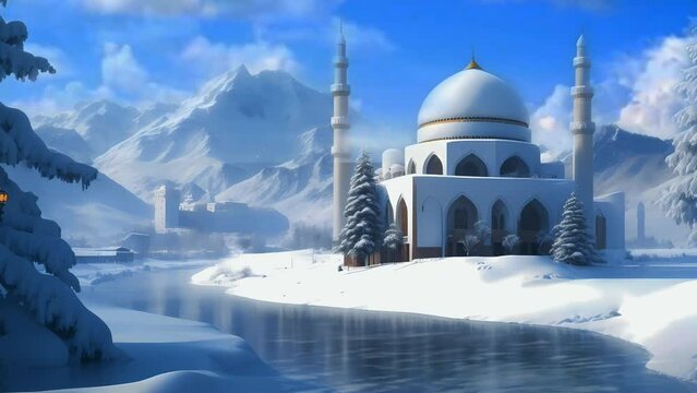 mosque in the snow, winter panorama, Seamless Animation Video Background in 4K Resolution