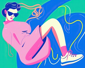 Woman and her sneakers, colorful cool abstract grunge illustration made with Generative AI 