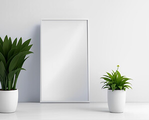 Empty frame mockup on white wall background next to artificial plants.